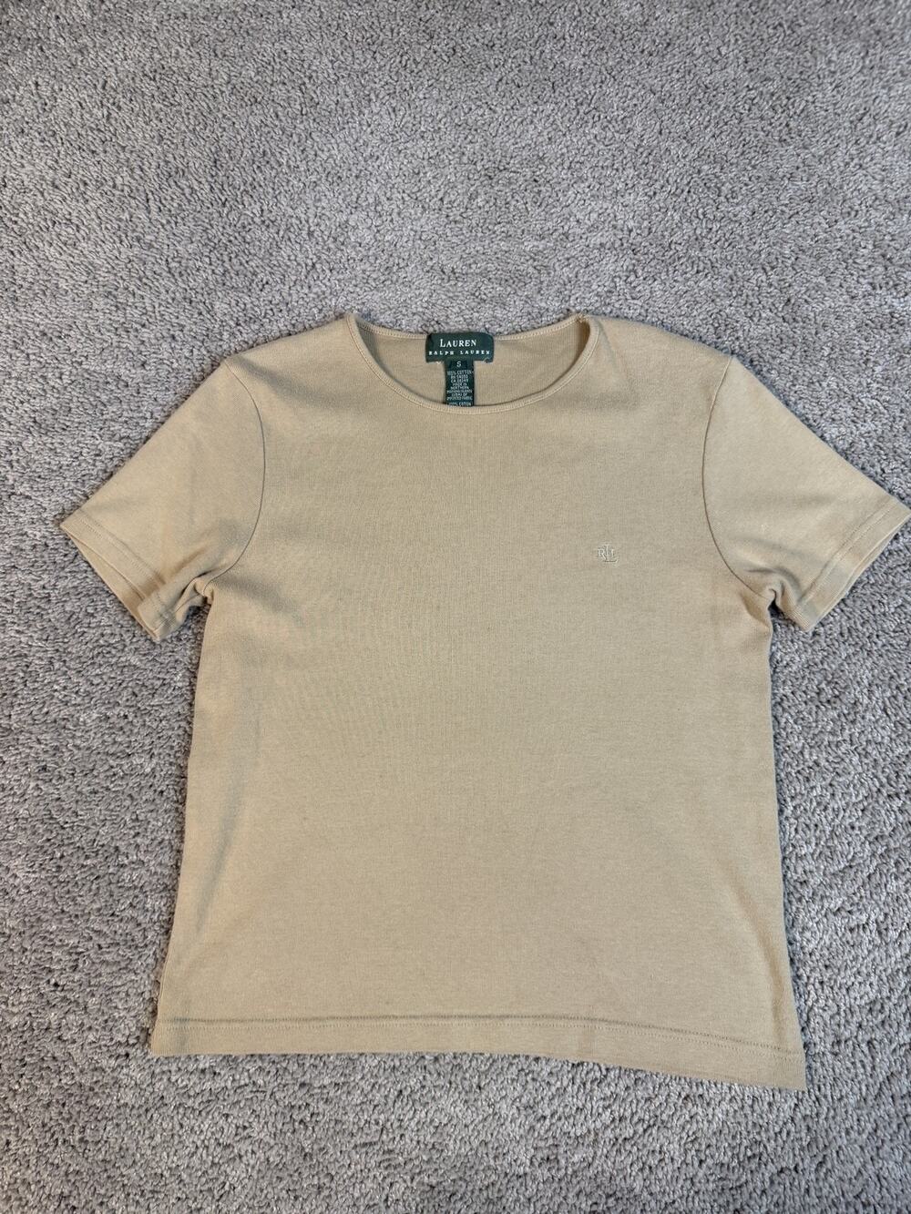 Lauren Ralph Lauren Shirt Womens S Beige Crew Neck Short Sleeve 100% Cotton